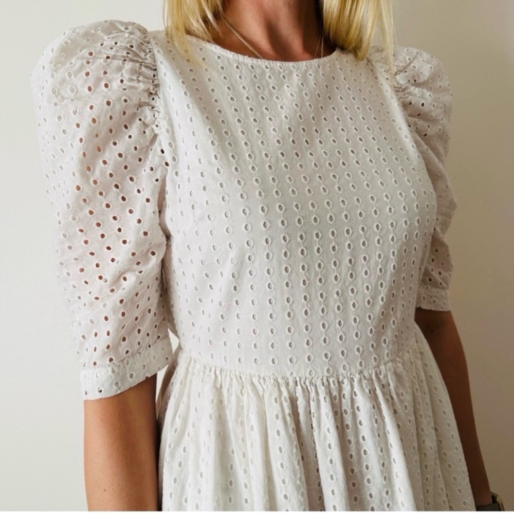 A New Day White Eyelet Midi Dress 100% Cotton Puff Sleeve Pockets LWD Bride L - Picture 3 of 11